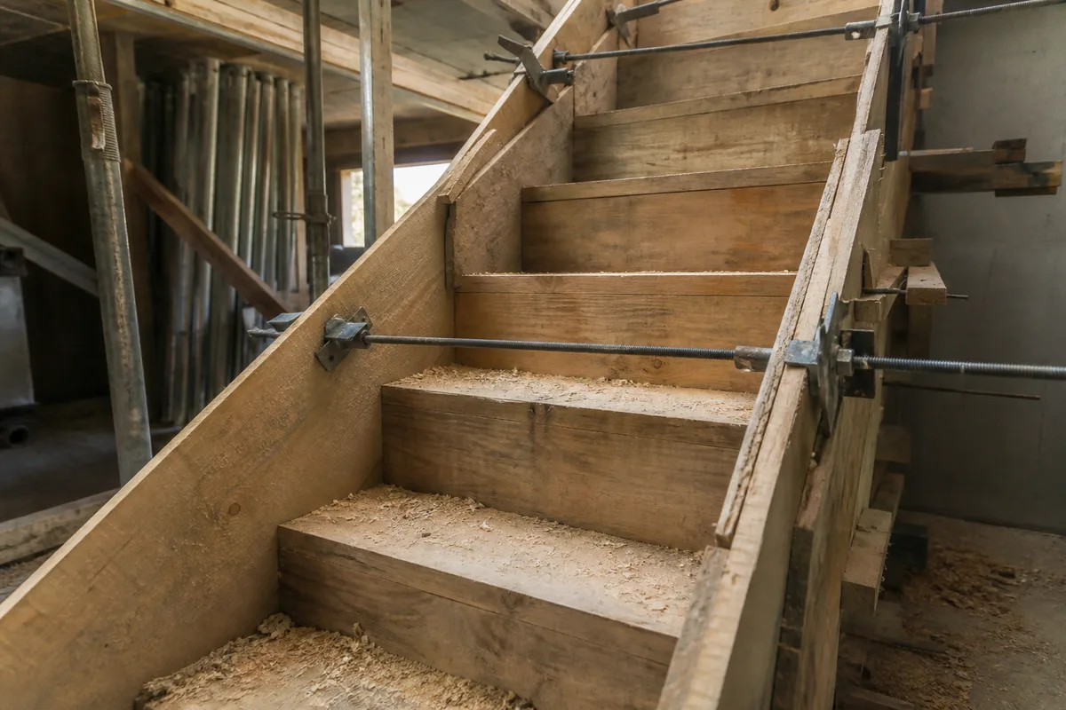 Coffrage bois d&rsquo;un escalier béton en cours de montage avec joues latérales et étais