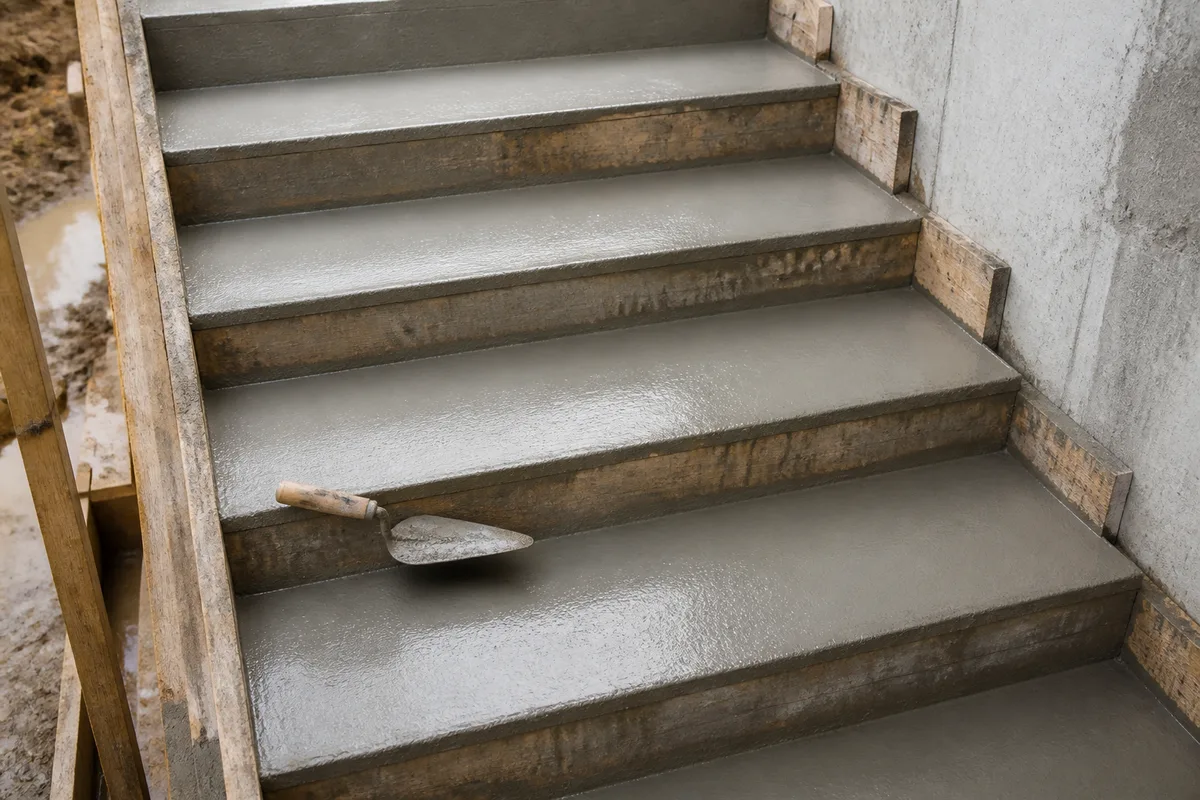 Marches d&rsquo;escalier en béton fraîchement coulées et talochées avec planches de contremarche en place