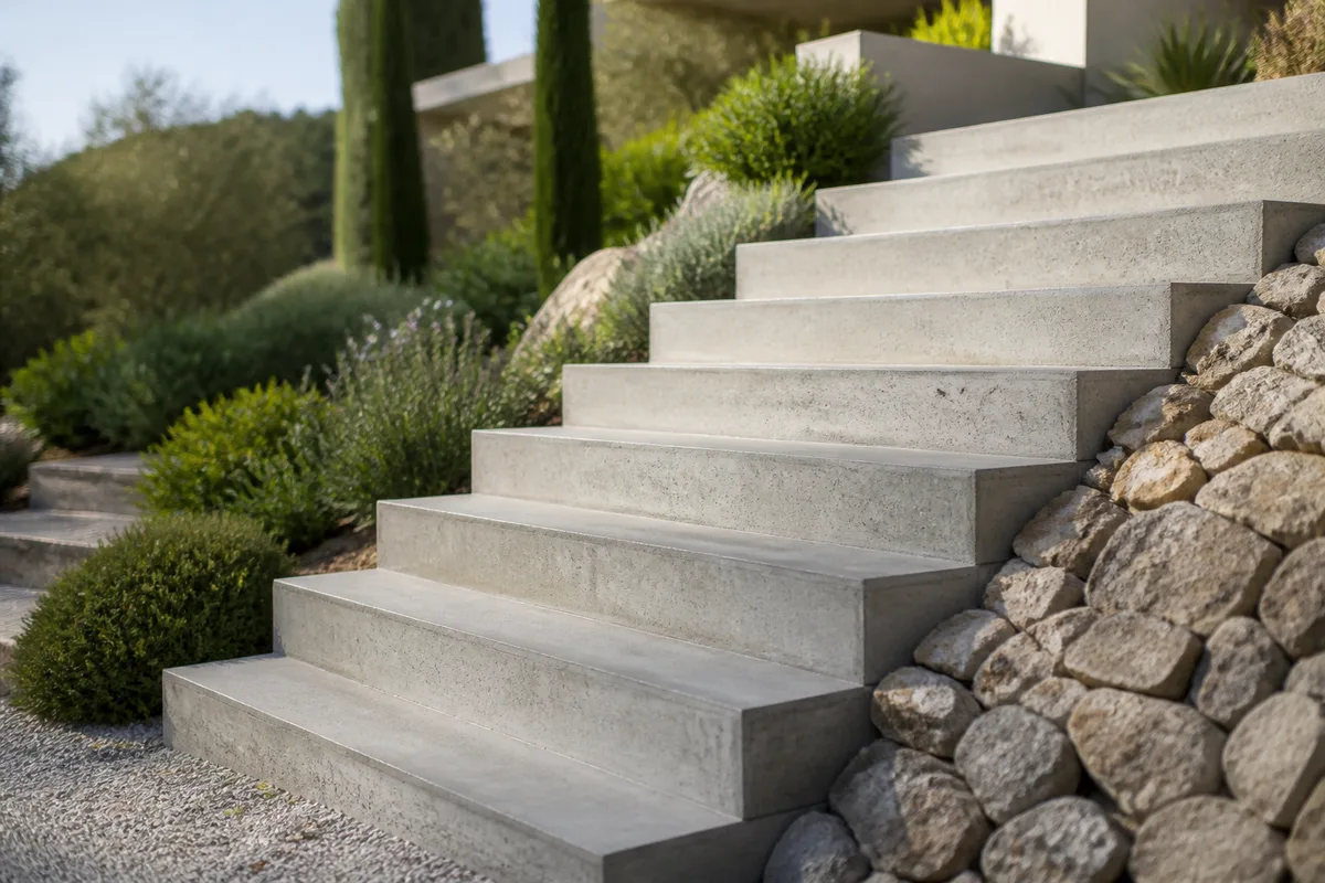 Escalier béton décoffré avec marches régulières et surface talochée en extérieur