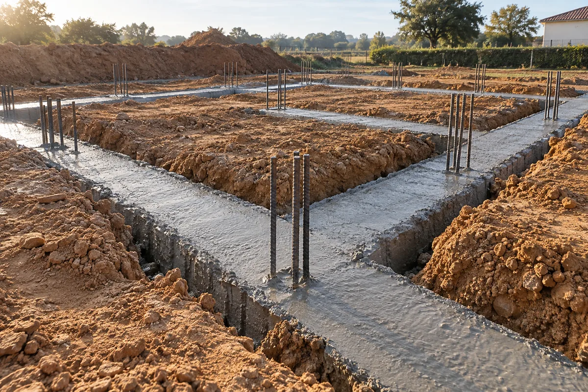 Fondations en béton fraîchement coulées dans des fouilles en rigole avec fers en attente sur un terrain nivelé