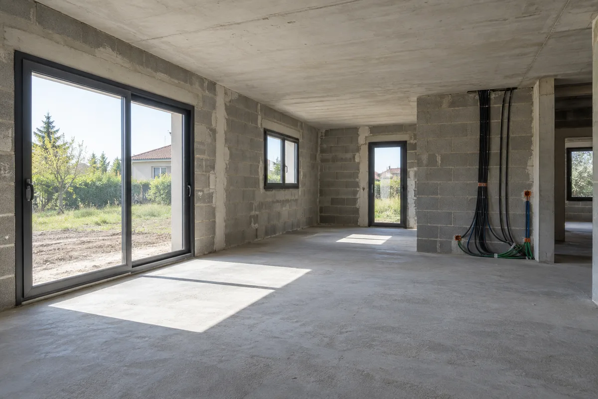 Intérieur d’une maison hors d’eau et hors d’air, dalle brute et gaines électriques en attente le long d’un mur