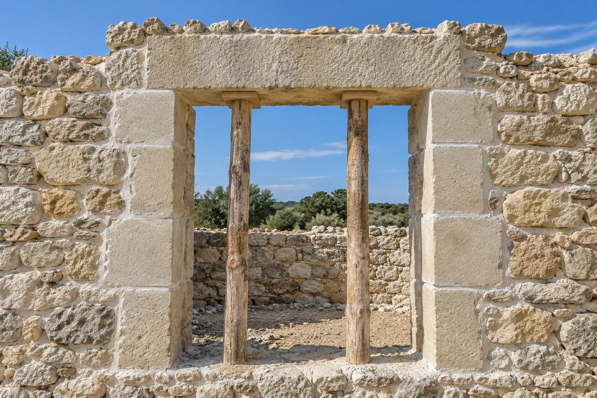 Linteau monolithe en pierre calcaire posé sur des jambages en pierre de taille dans un mur de moellons en construction