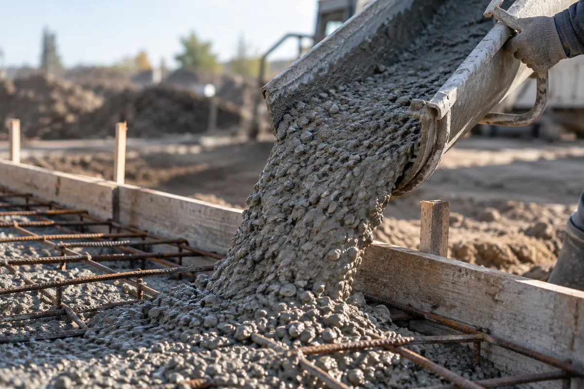 Béton frais déversé par la goulotte d&rsquo;une toupie dans le coffrage d&rsquo;une dalle armée