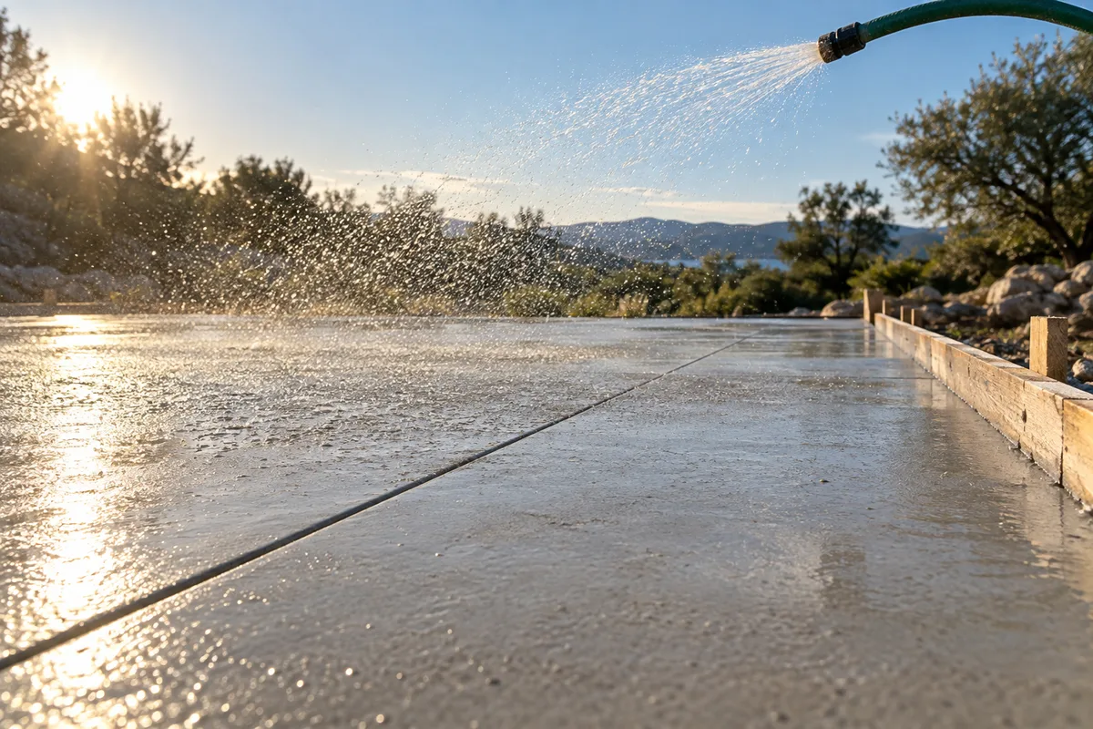Dalle de béton achevée arrosée en pluie fine pour la cure sous le soleil de Provence