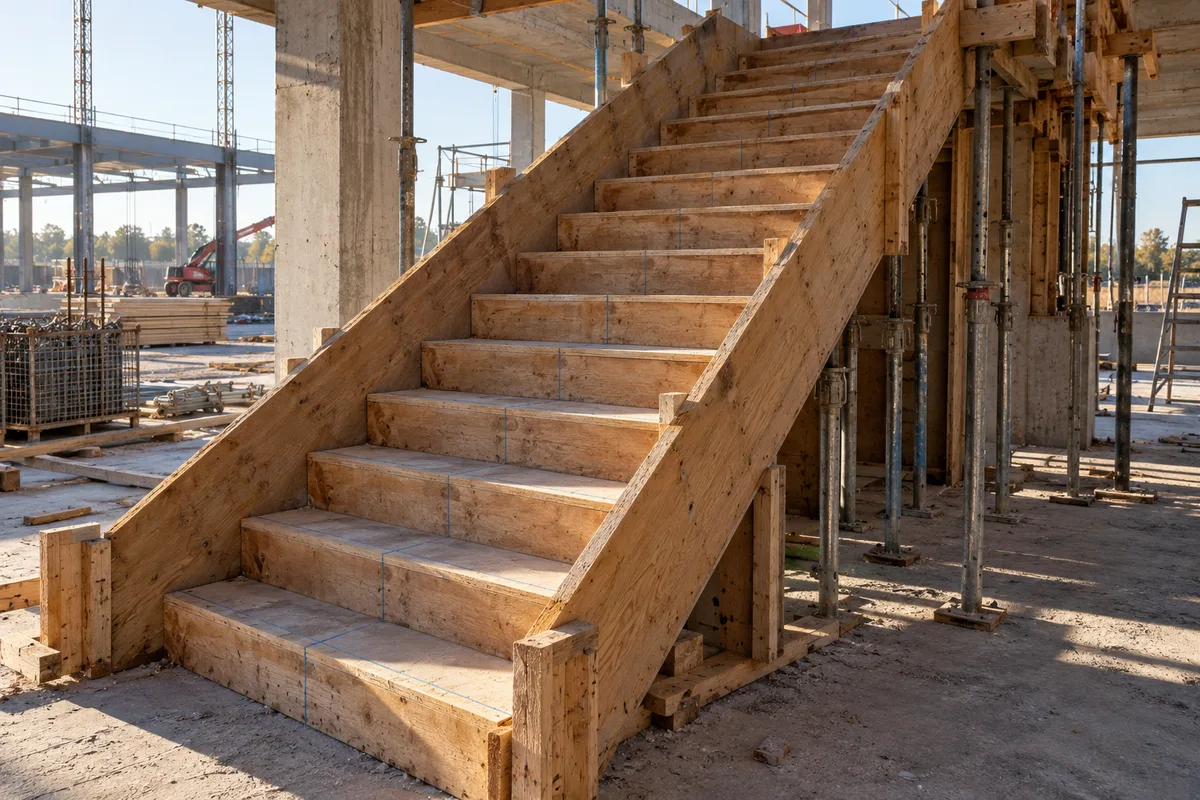 Coffrage en bois d&rsquo;un escalier en béton sur un chantier de bâtiment d&rsquo;activité