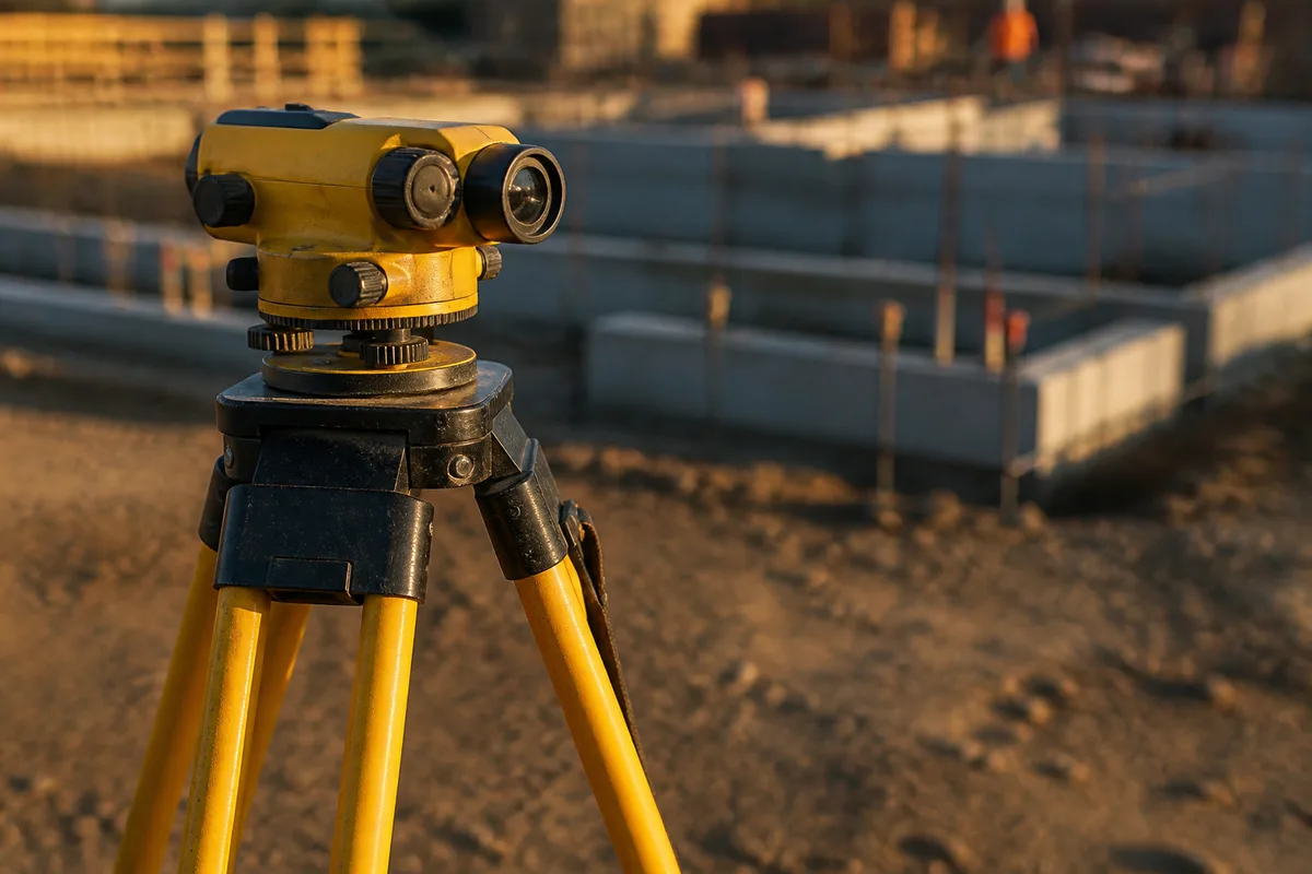 Appareil de nivellement sur trépied posé face aux fondations d&rsquo;un chantier