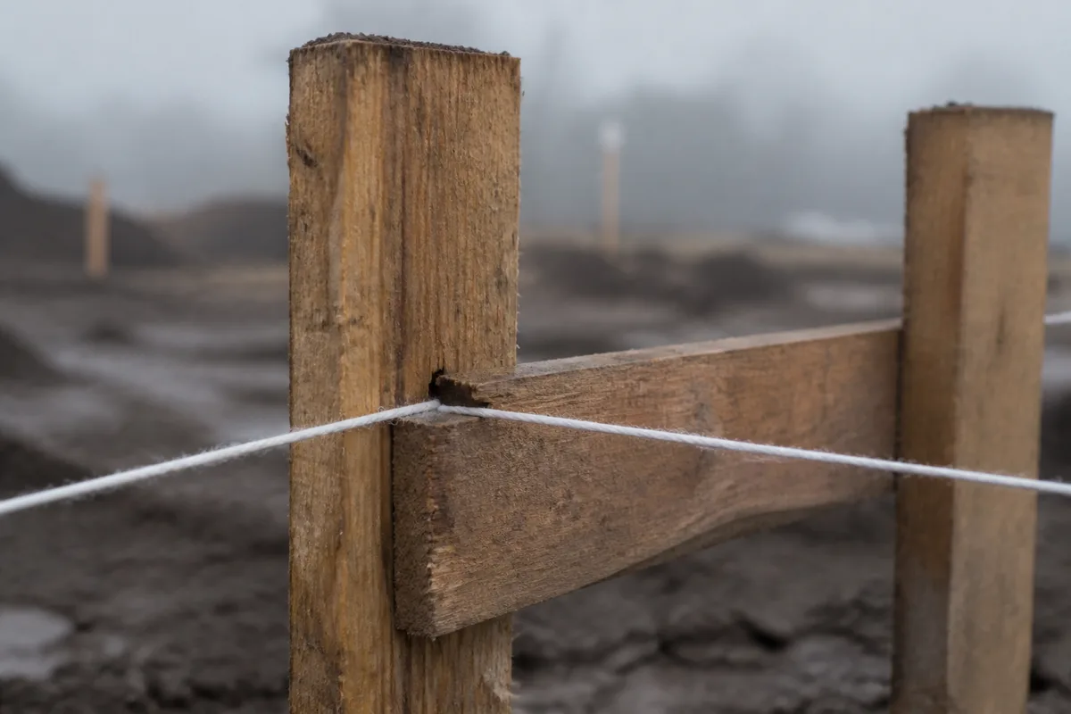 Chaises d&rsquo;implantation en bois avec cordeaux tendus sur un terrain terrassé au petit matin