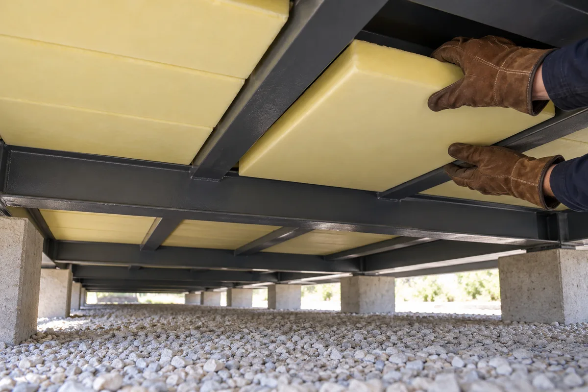 Sous-face d&rsquo;un caisson d&rsquo;acier sur plots, isolant rigide posé entre les traverses du plancher