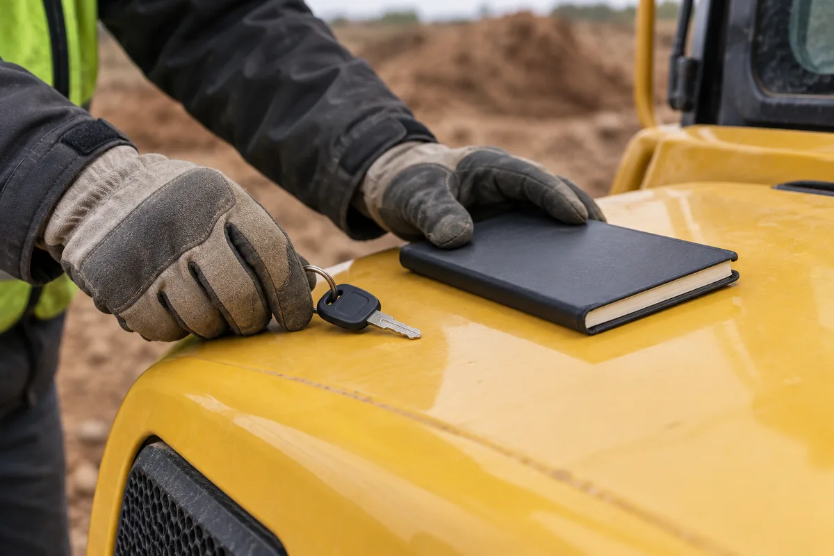 Mains gantées posant une clé de contact et un carnet fermé sur le capot jaune d&rsquo;un engin