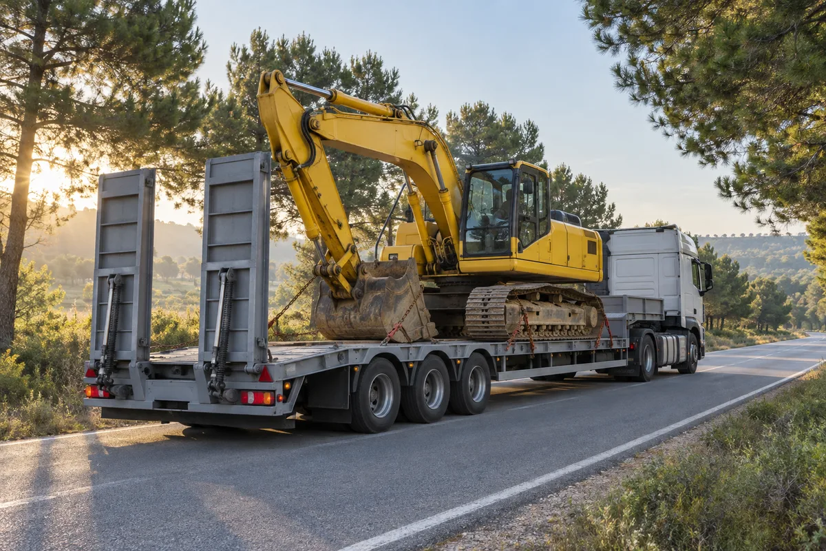 Pelle hydraulique jaune chargée sur un porte-engins plat sur une route bordée de pins