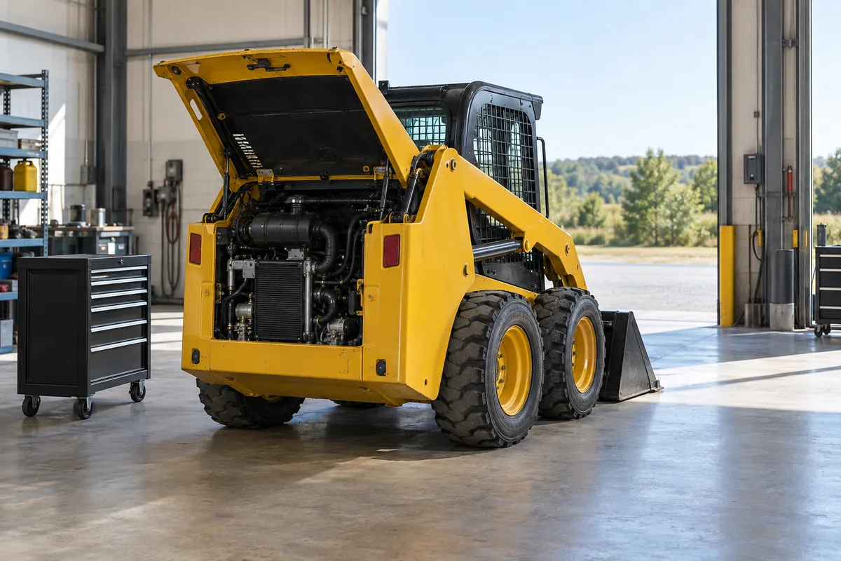 Atelier de maintenance ouvert sur l&rsquo;extérieur avec une chargeuse compacte jaune capot levé
