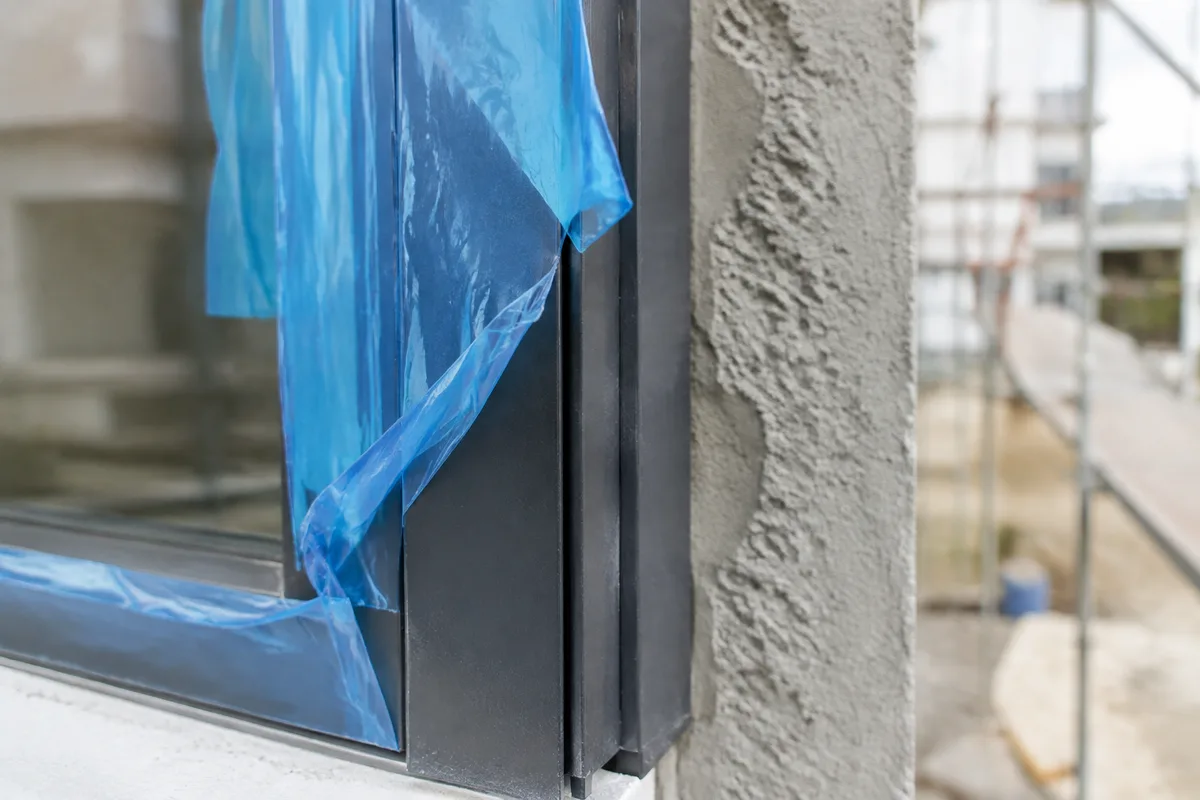 Menuiserie aluminium neuve encore protégée par son film sur un chantier de maison individuelle en fin de second œuvre