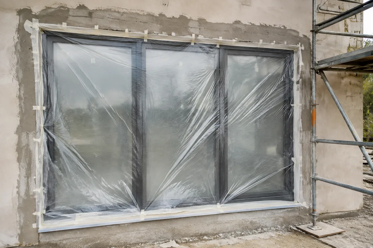 Bâchage de protection posé devant une baie coulissante pendant les travaux d&rsquo;enduit de façade