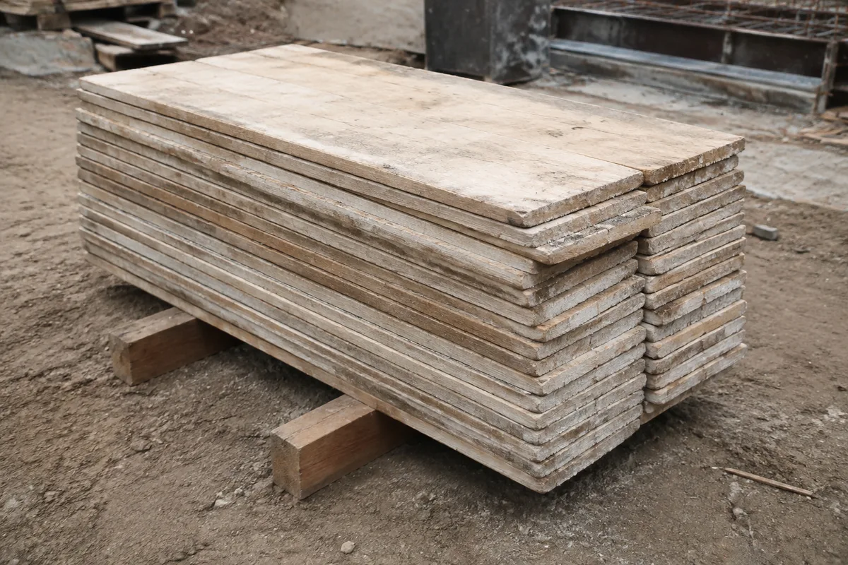 Planches de coffrage en sapin empilées sur un chantier de maison individuelle