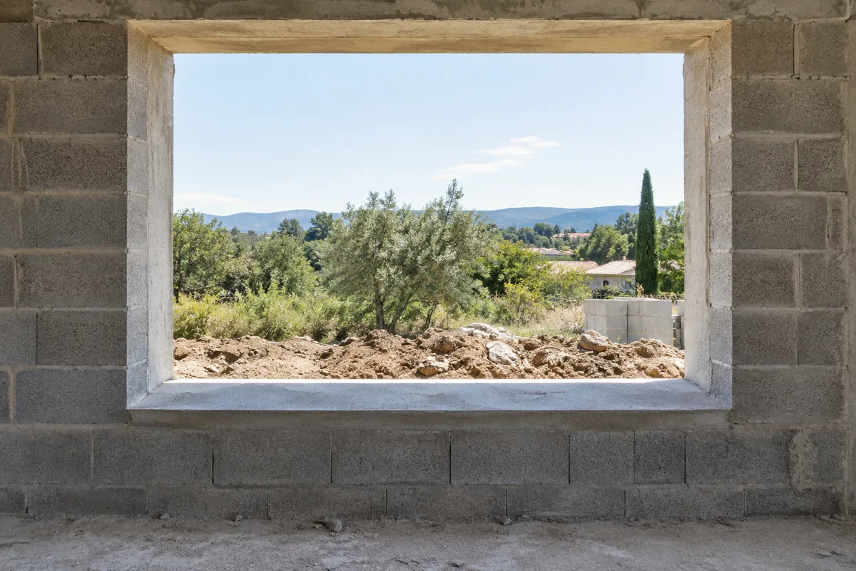 Baie de fenêtre en attente de menuiserie dans un mur en parpaings avec appui béton coulé
