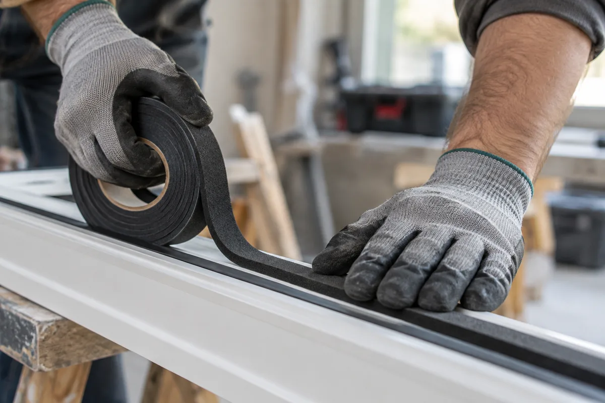 Mains d’un ouvrier appliquant un joint précomprimé sur le dormant d’une fenêtre neuve