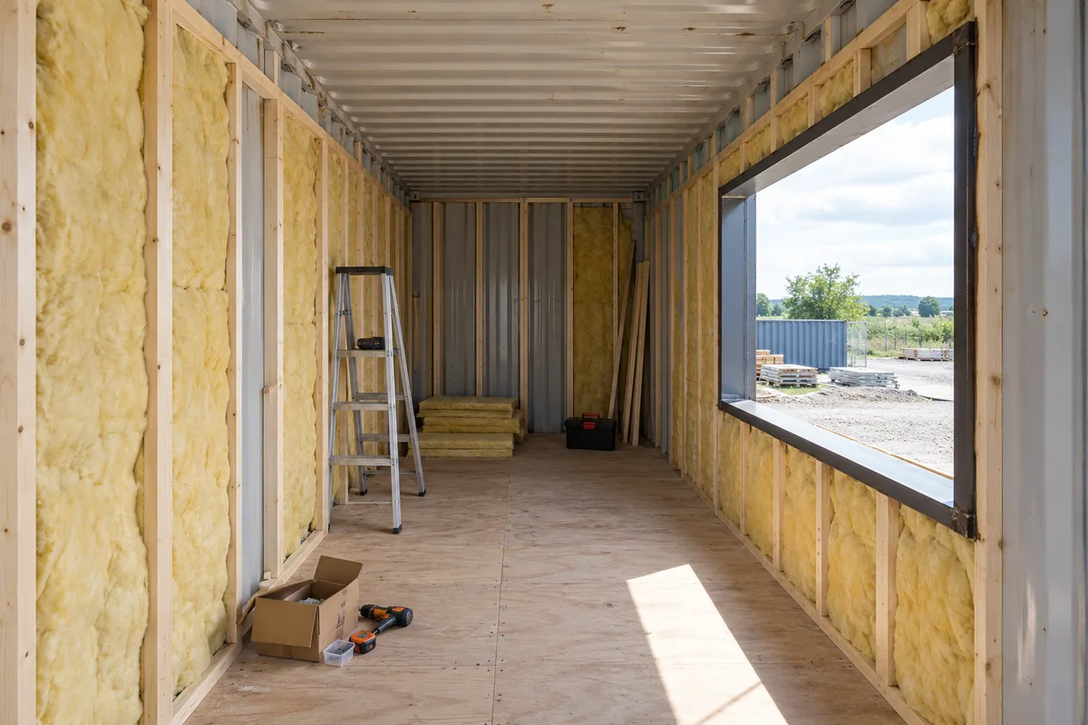 Intérieur d&rsquo;un conteneur en cours d&rsquo;aménagement avec ossature bois et isolant entre les montants