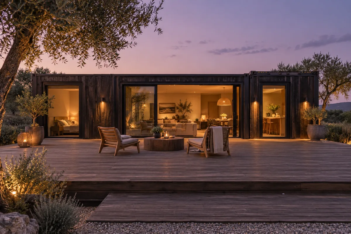 Terrasse en bois devant une maison en conteneurs bardée de bois au crépuscule
