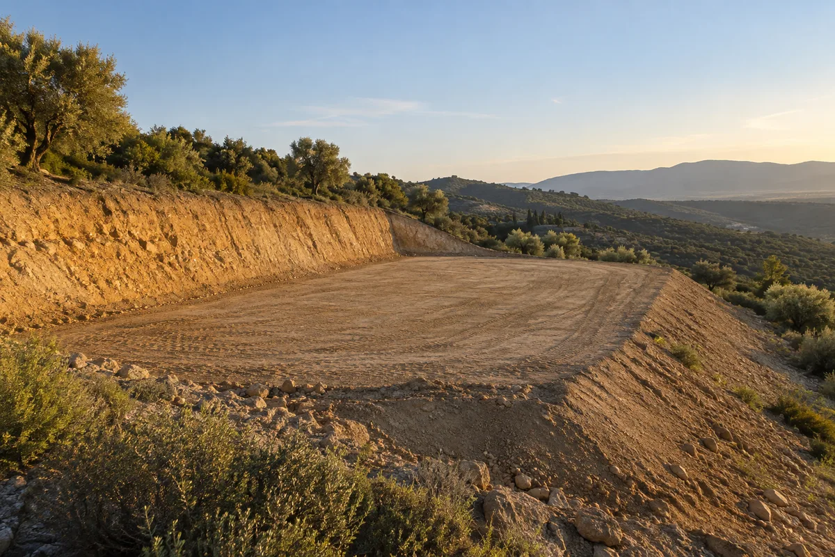 Plateforme terrassée sur un terrain en pente avec talus et vue sur les collines de Provence