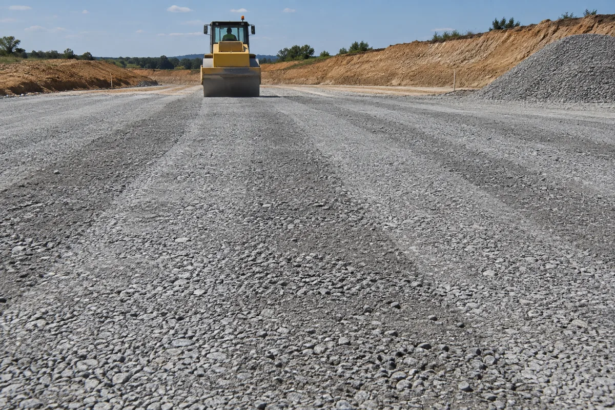 Compacteur à rouleau vibrant tassant une couche de grave sur une plateforme de chantier