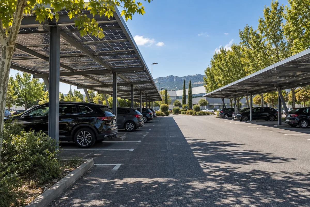 Ombrières solaires installées au-dessus du parking d&rsquo;une entreprise en zone d&rsquo;activité