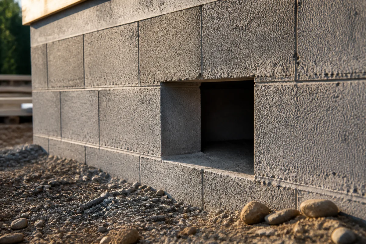 Ouverture de ventilation dans le mur de soubassement d&rsquo;un vide sanitaire en cours de construction