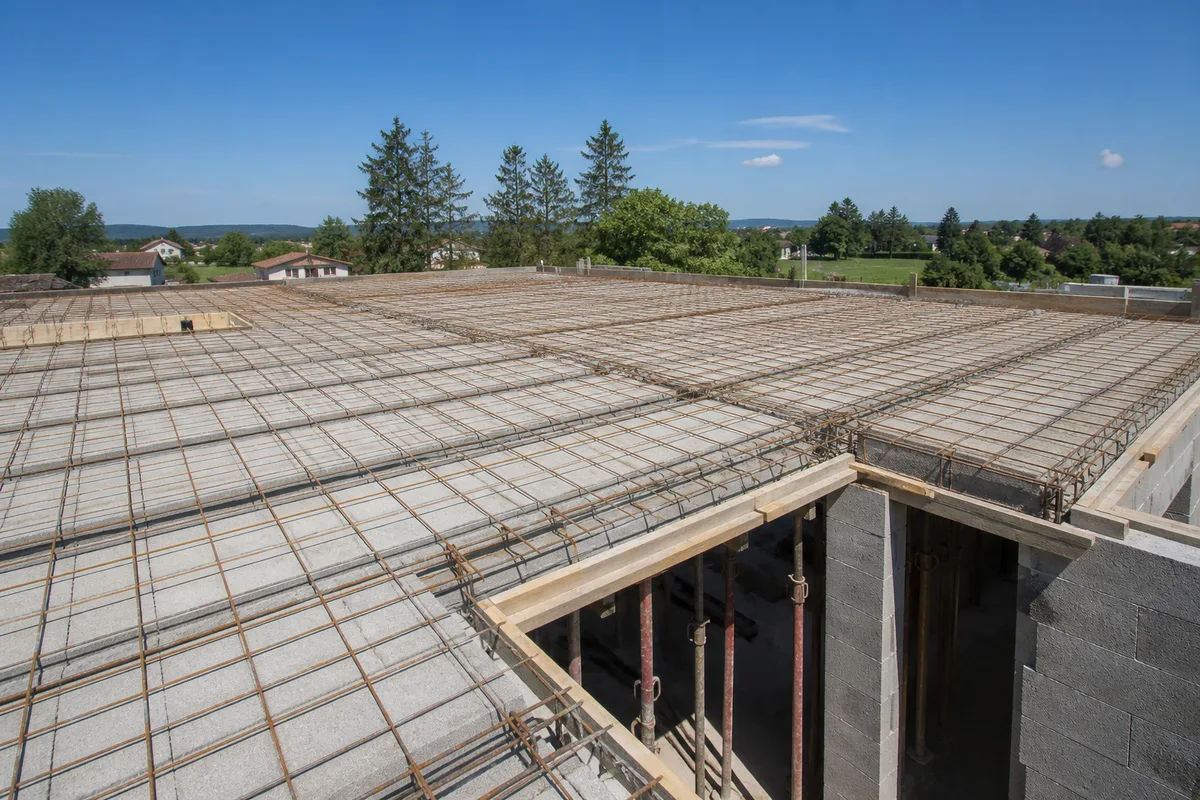 Plancher à poutrelles et entrevous posé au-dessus d&rsquo;un vide sanitaire avant coulage de la dalle de compression