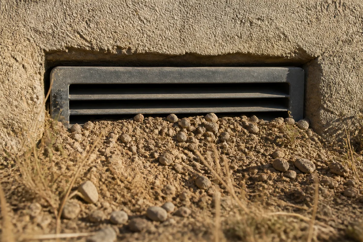 Grille de ventilation basse d&rsquo;un vide sanitaire partiellement obstruée par les remblais du terrain