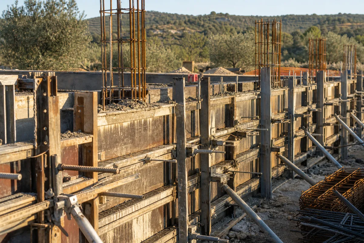 Banches métalliques en place sur un voile de béton en cours de coulage