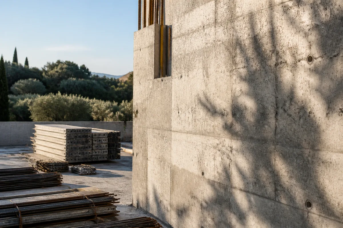 Voile de béton apparent décoffré montrant les empreintes de banches
