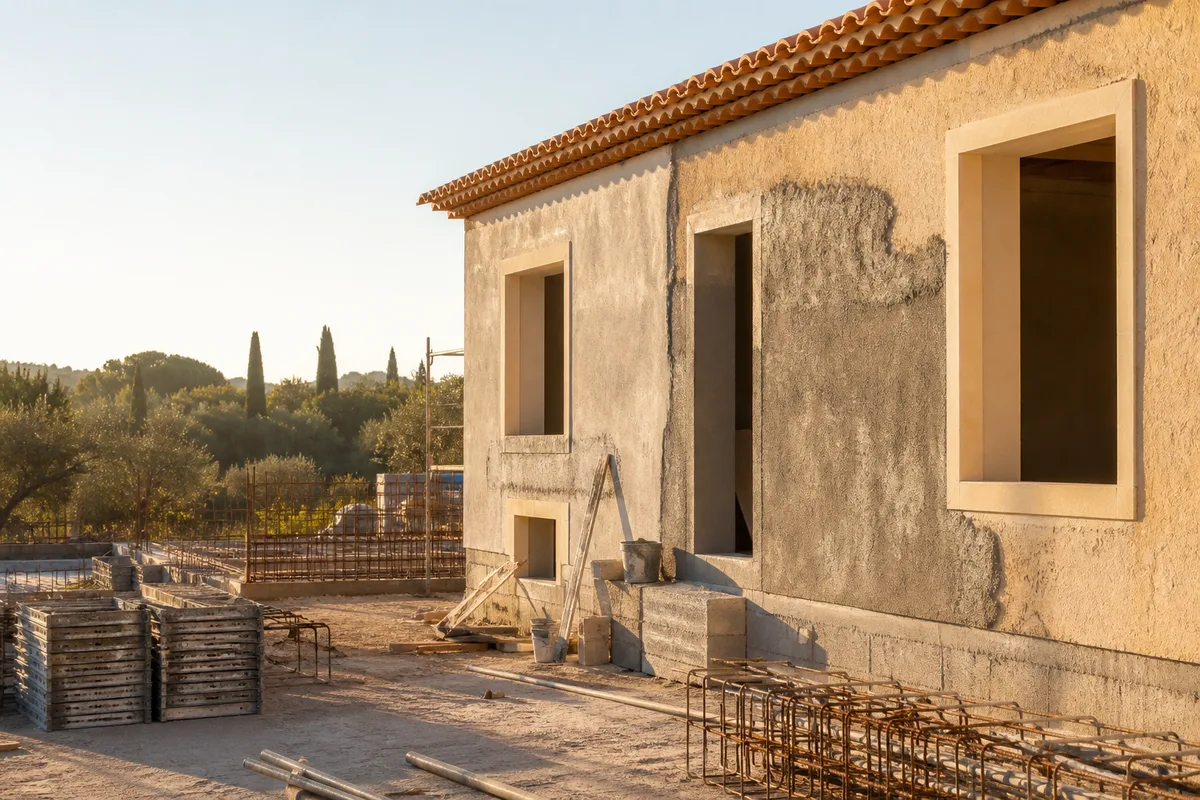 Façade en cours d&rsquo;enduit à la chaux sur une construction neuve provençale