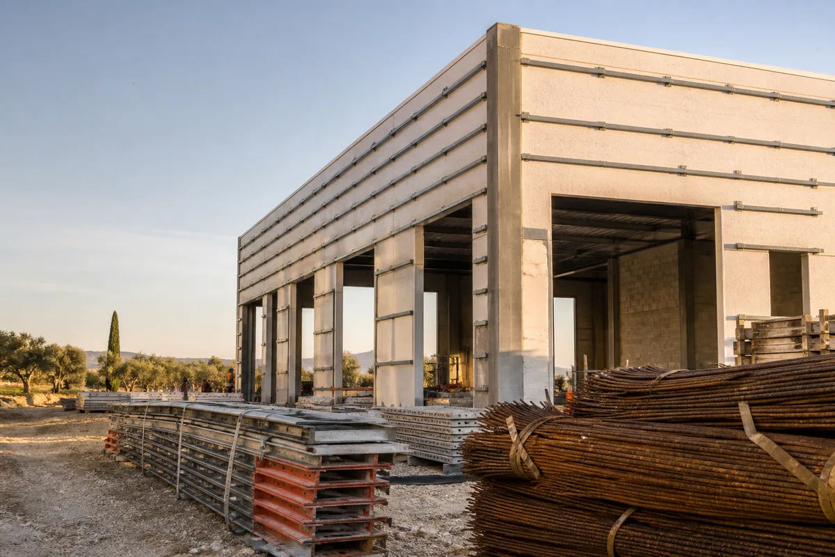 Bâtiment d&rsquo;activité neuf en cours de bardage sur une zone commerciale