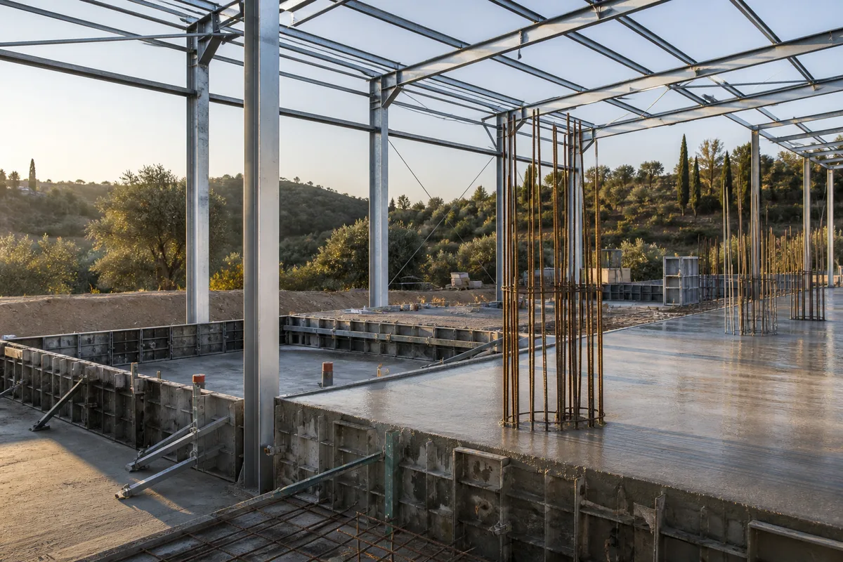 Charpente métallique et dallage industriel d&rsquo;un local d&rsquo;activité en construction