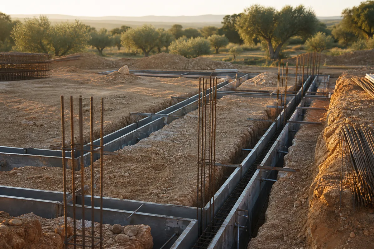 Fouilles et semelles de fondation en attente de coulage sur un terrain de chantier
