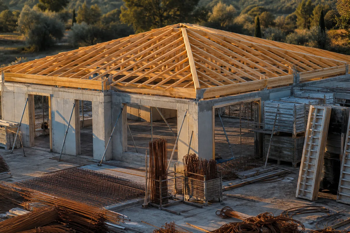 Charpente posée sur un bâtiment neuf avant la pose de la couverture