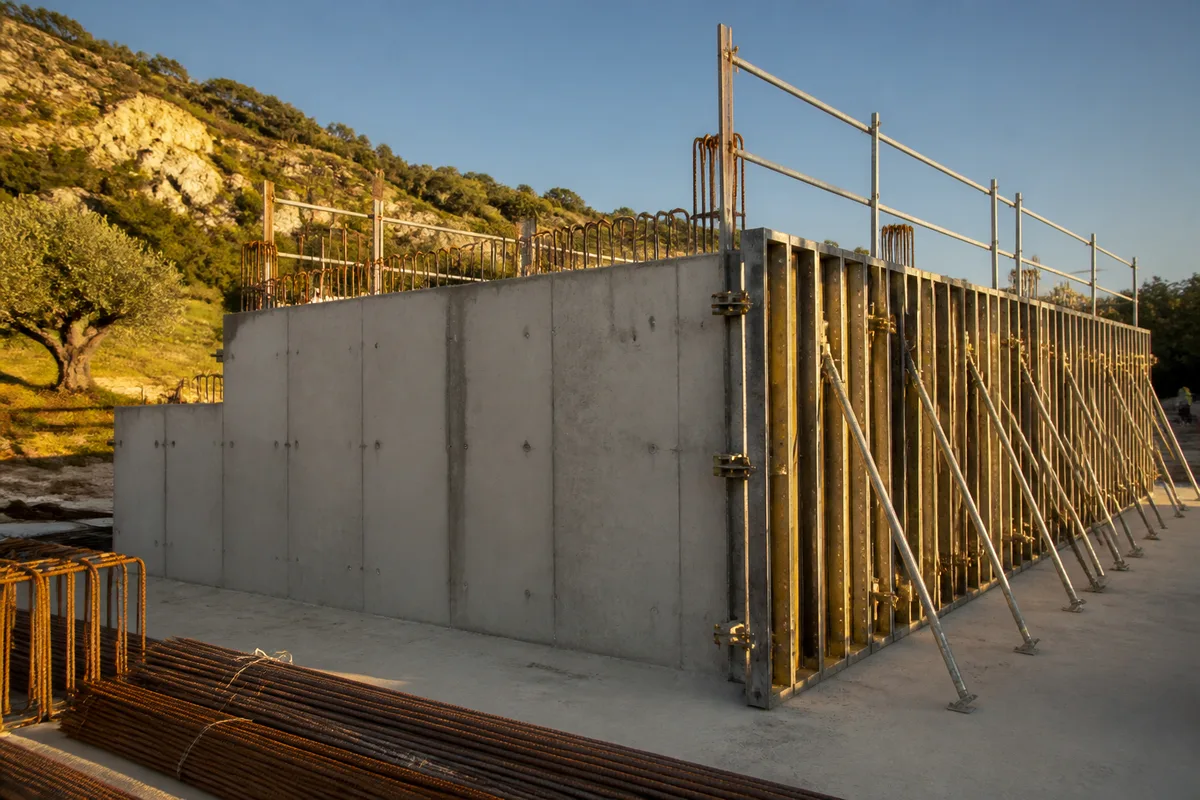 Banches métalliques de coffrage alignées sur une dalle de béton fraîchement coulée, sur un chantier de Provence