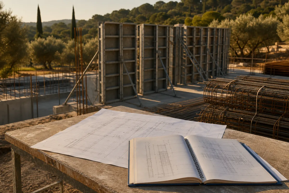 Plans de coffrage et carnet de ferraillage posés sur une table de chantier