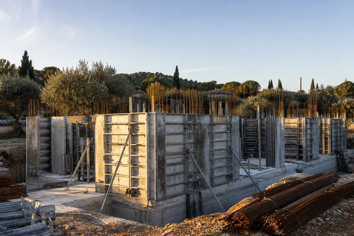 Chantier de maison individuelle en cours d’élévation en Provence