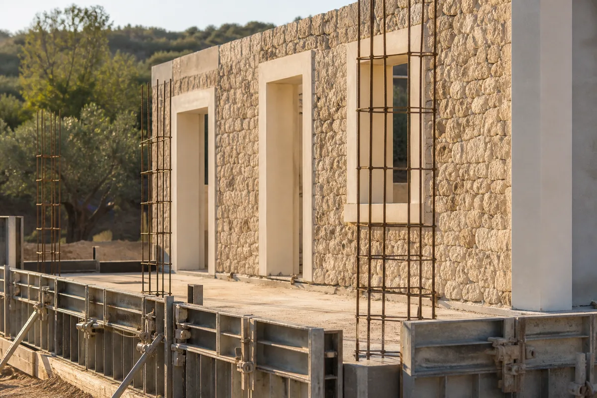 Façade de construction neuve en pierre et enduit clair sous le soleil provençal