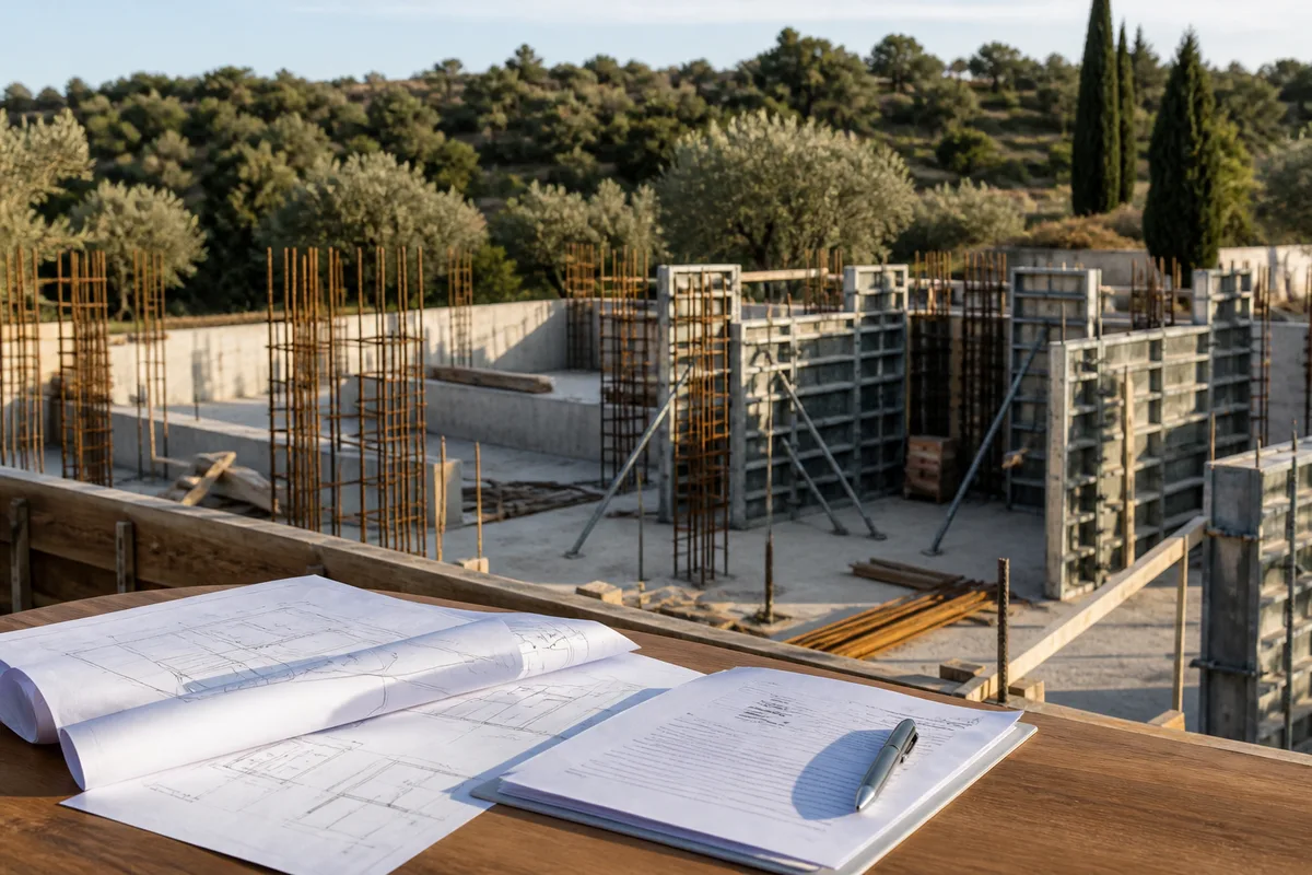 Contrat de construction et plans posés sur une table de réunion